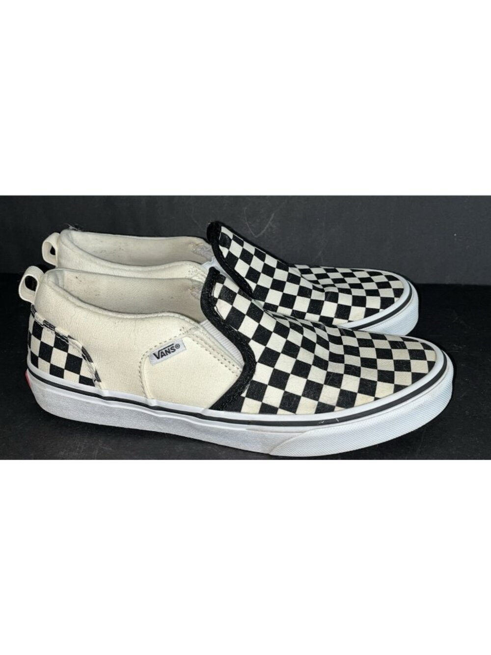 VANS Asher Checker Skate Shoes Sz 6 Yth 7.5 Womens Black White Slip On Sneakers